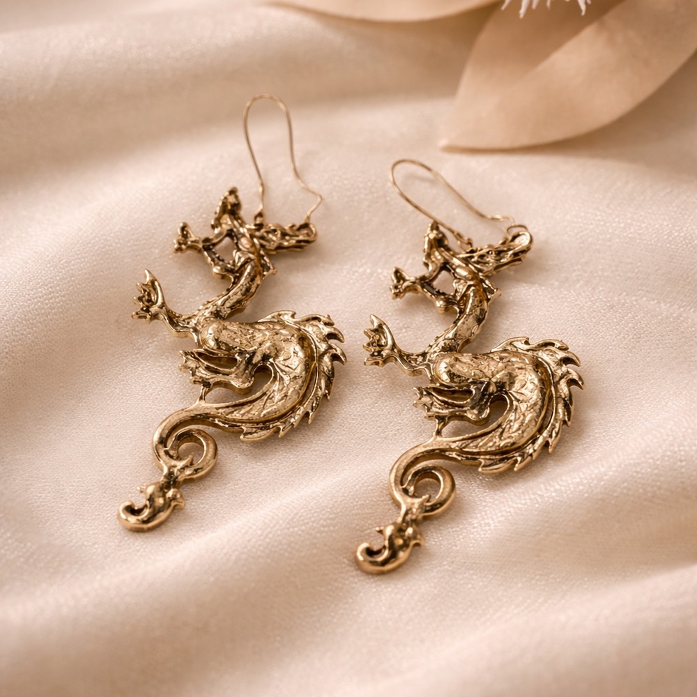 Vintage Gold Tone Chinese Dragon Dangle Earrings Large Asian Dragon Statement
